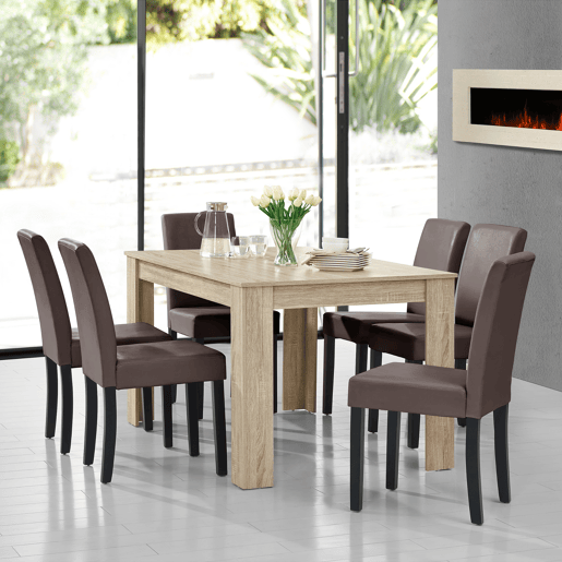 Mesa de jantar + 6 cadeiras Forssa MDF e couro sintético 140x90x77cm - Carvalho claro + Castanho en.casa