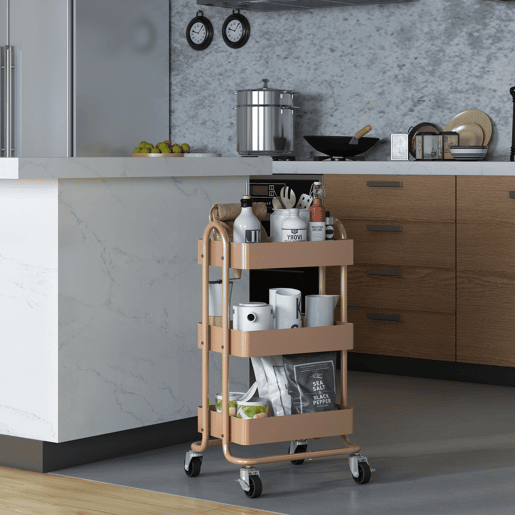 Carrinho de serviço Pyhäjoki com 3 cestos de aço 79 x 46 x 35 cm - Castanho claro en.casa