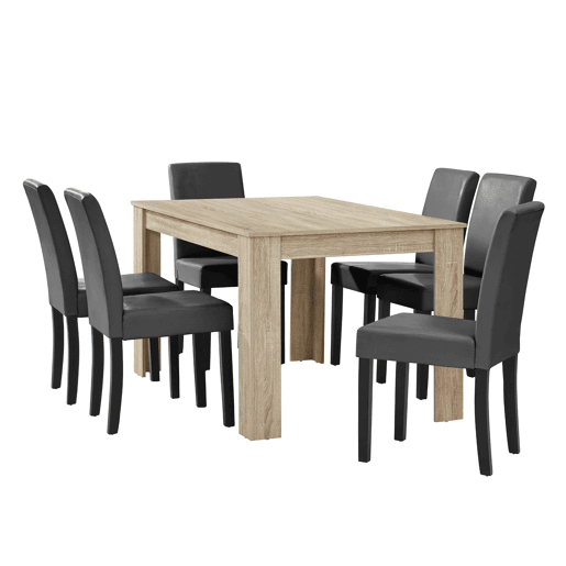 Mesa de jantar + 6 cadeiras Forssa MDF e couro sintético 140x90x77cm - Carvalho claro + Cinzento escuro en.casa