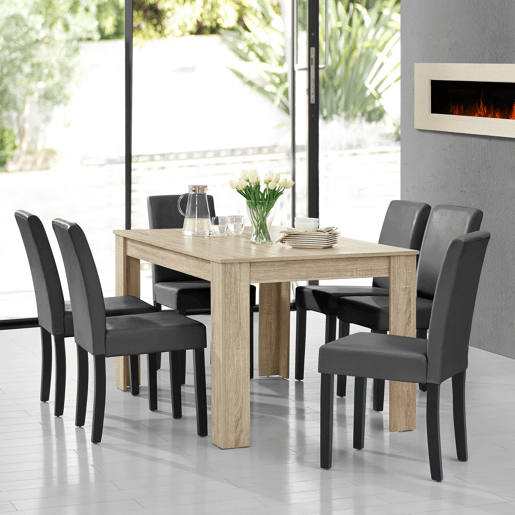 Mesa de jantar + 6 cadeiras Forssa MDF e couro sintético 140x90x77cm - Carvalho claro + Cinzento escuro en.casa