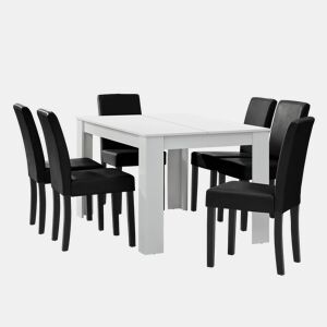 Mesa de jantar + 6 cadeiras Forssa MDF e couro sintético 140x90x77cm - Branco + Preto en.casa