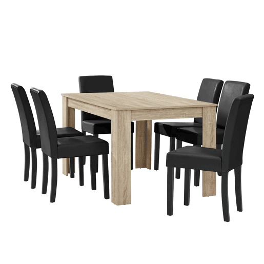 Mesa de jantar + 6 cadeiras Forssa MDF e couro sintético 140x90x77cm - Carvalho claro + Preto en.casa