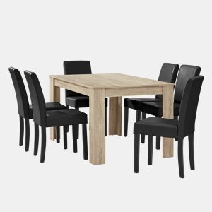 Mesa de jantar + 6 cadeiras Forssa MDF e couro sintético 140x90x77cm - Carvalho claro + Preto en.casa
