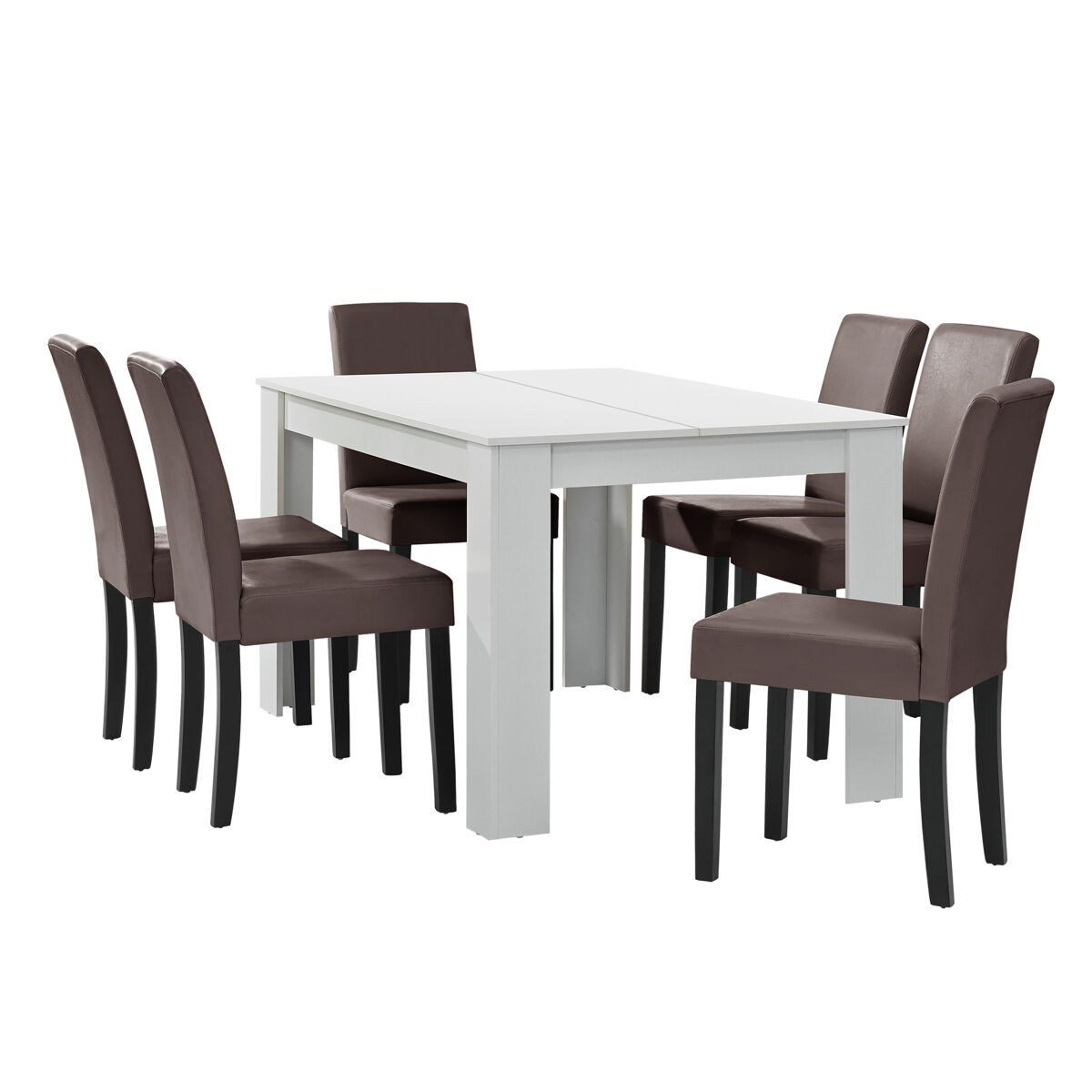 Mesa de comedor + 6 sillas forssa mdf y polipiel 140x90x77cm - blanco + marrón [en.casa]