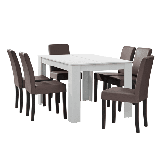 Mesa de jantar + 6 cadeiras Forssa MDF e couro sintético 140x90x77cm - Branco + Castanho en.casa