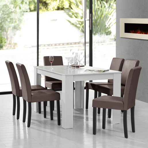 Mesa de jantar + 6 cadeiras Forssa MDF e couro sintético 140x90x77cm - Branco + Castanho en.casa