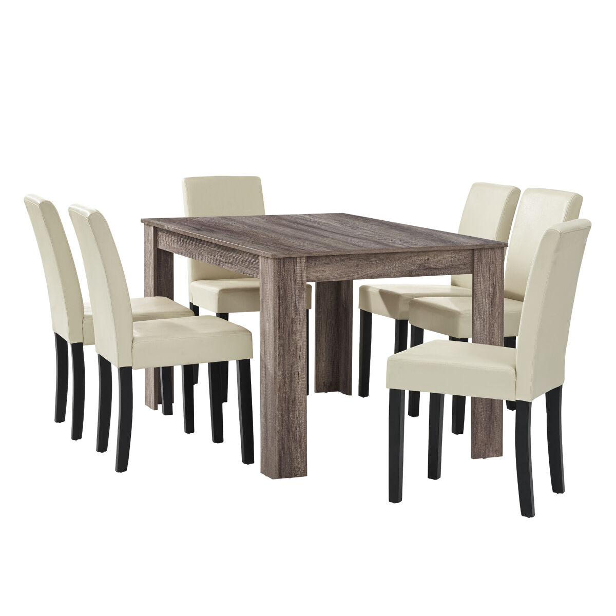 Mesa de comedor + 6 sillas forssa mdf y polipiel 140x90x77cm - roble antiguo + crema [en.casa]