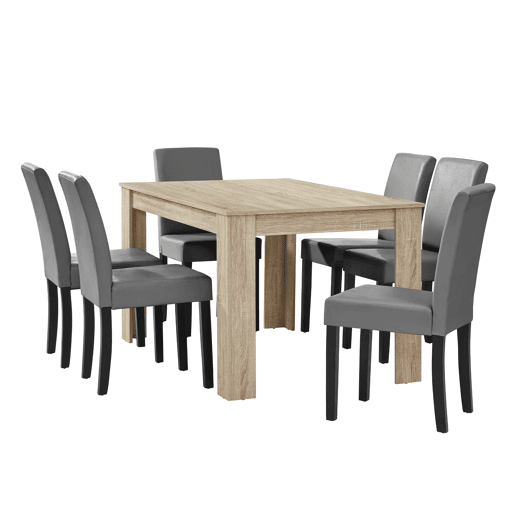 Mesa de jantar + 6 cadeiras Forssa MDF e couro sintético 140x90x77cm - Carvalho claro + Cinzento claro en.casa