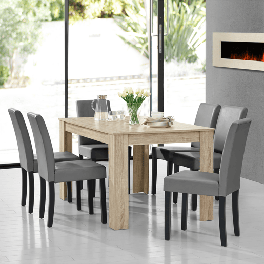 Mesa de jantar + 6 cadeiras Forssa MDF e couro sintético 140x90x77cm - Carvalho claro + Cinzento claro en.casa