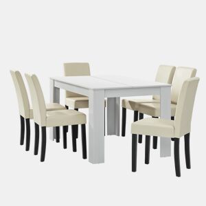 Mesa de jantar + 6 cadeiras Forssa MDF e couro sintético 140x90x77cm - Branco + Creme en.casa
