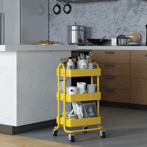 Carrinho de serviço Pyhäjoki com 3 cestos de aço 79 x 46 x 35 cm - Amarelo en.casa