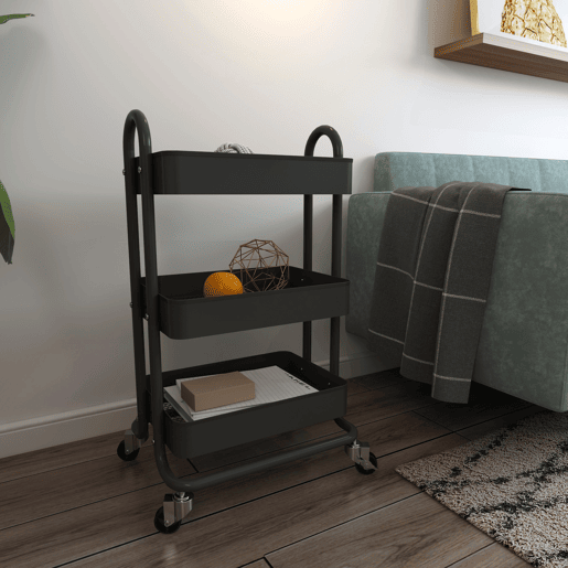 Carrinho de serviço Pyhäjoki com 3 cestos de aço 79 x 46 x 35 cm - Preto mate en.casa