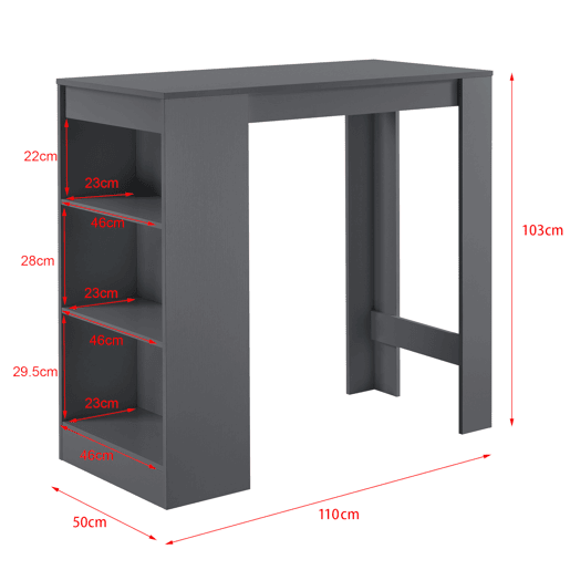 Mesa de bar Kouvola com 3 prateleiras em aglomerado 110 x 50 x 103 cm - Cinzento escuro en.casa