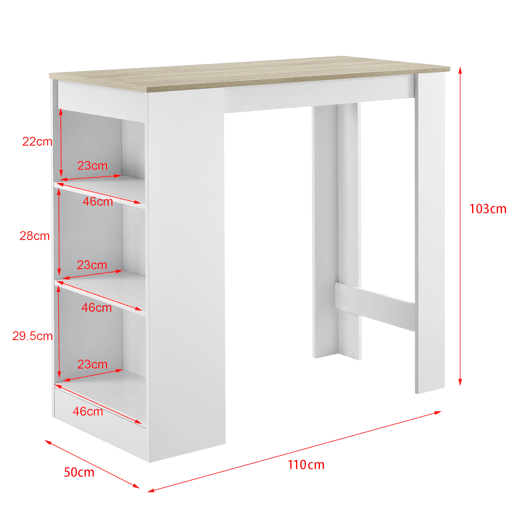 Mesa de bar Kouvola com 3 prateleiras em aglomerado 110 x 50 x 103 cm - Branco  Efeito carvalho en.casa