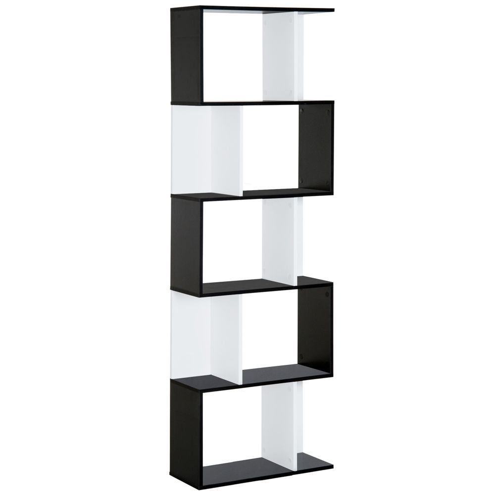 Homcom librería de 5 niveles, estantería para libros en forma de s con 10 estantes, para sala de estar, dormitorio, estudio, oficina, 60x24x184,5 cm, blanco y negro