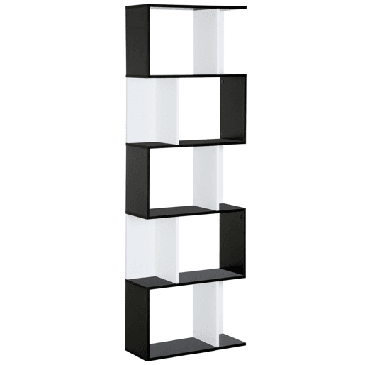 HOMCOM Estante de 5 Níveis, Estante para Livros em Forma de S com 10 Prateleiras, para Sala de Estar, Quarto, Escritório e Estudo, 60x24x184,5 cm, Branco e Preto