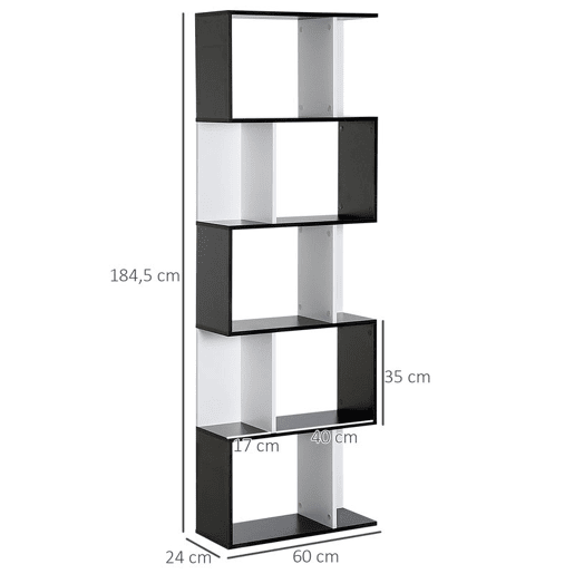 HOMCOM Estante de 5 Níveis, Estante para Livros em Forma de S com 10 Prateleiras, para Sala de Estar, Quarto, Escritório e Estudo, 60x24x184,5 cm, Branco e Preto