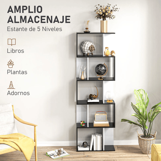 HOMCOM Estante de 5 Níveis, Estante para Livros em Forma de S com 10 Prateleiras, para Sala de Estar, Quarto, Escritório e Estudo, 60x24x184,5 cm, Branco e Preto