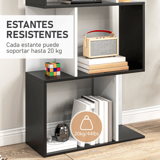 HOMCOM Estante de 5 Níveis, Estante para Livros em Forma de S com 10 Prateleiras, para Sala de Estar, Quarto, Escritório e Estudo, 60x24x184,5 cm, Branco e Preto