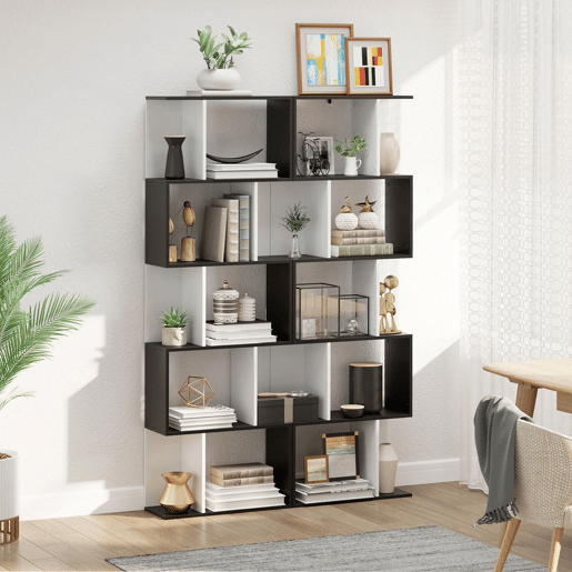 HOMCOM Estante de 5 Níveis, Estante para Livros em Forma de S com 10 Prateleiras, para Sala de Estar, Quarto, Escritório e Estudo, 60x24x184,5 cm, Branco e Preto
