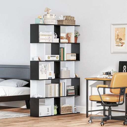 HOMCOM Estante de 5 Níveis, Estante para Livros em Forma de S com 10 Prateleiras, para Sala de Estar, Quarto, Escritório e Estudo, 60x24x184,5 cm, Branco e Preto