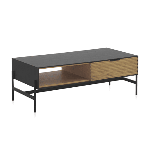 Mesa De Centro Fresno Preta Com Gavetas Naturais E Pés De Metal Preto