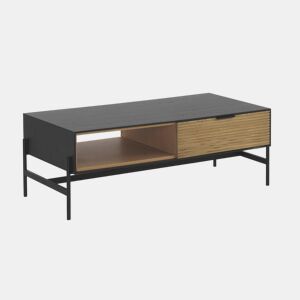 Mesa De Centro Fresno Preta Com Gavetas Naturais E Pés De Metal Preto