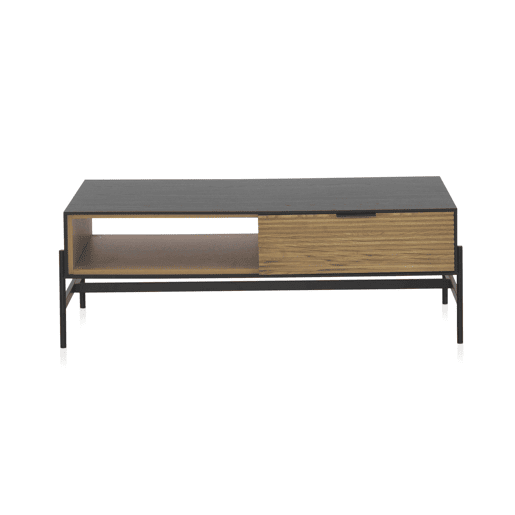 Mesa De Centro Fresno Preta Com Gavetas Naturais E Pés De Metal Preto