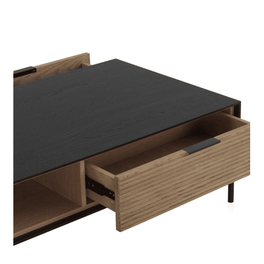 Mesa De Centro Fresno Preta Com Gavetas Naturais E Pés De Metal Preto