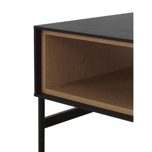 Mesa De Centro Fresno Preta Com Gavetas Naturais E Pés De Metal Preto