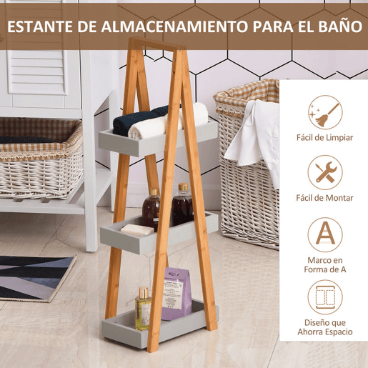 kleankin Estante de Bambú para Casa de Banho com 3 Prateleiras de Armazenamento Móvel Organizador para Cozinha Sala de Estar Lavanderia 30x18x81cm Madeira e Cinza