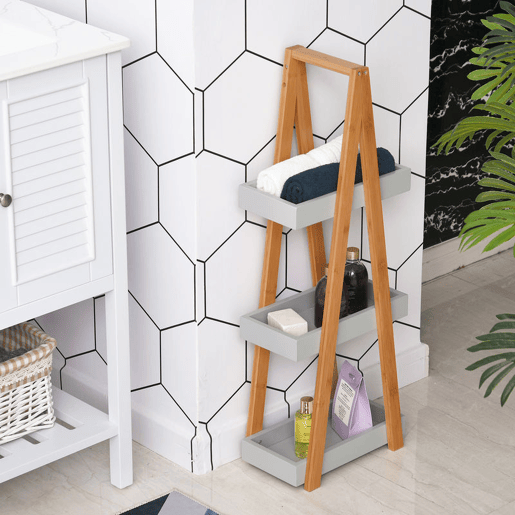 kleankin Estante de Bambú para Casa de Banho com 3 Prateleiras de Armazenamento Móvel Organizador para Cozinha Sala de Estar Lavanderia 30x18x81cm Madeira e Cinza
