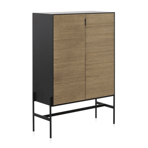 Vitrine folheado Fresno Preta Com Portas Naturais E Pernas De Metal Preto