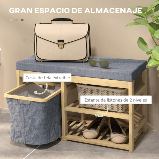 HOMCOM Banco para Sapatos de Bambu Móvel Sapateira com Assento Cesta Amovível e Prateleiras Abertas para 4 Pares de Sapatos Banco Sapateira para Entrada Corredor 69x30x45 cm Madeira