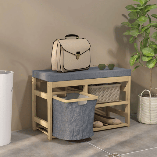 HOMCOM Banco para Sapatos de Bambu Móvel Sapateira com Assento Cesta Amovível e Prateleiras Abertas para 4 Pares de Sapatos Banco Sapateira para Entrada Corredor 69x30x45 cm Madeira