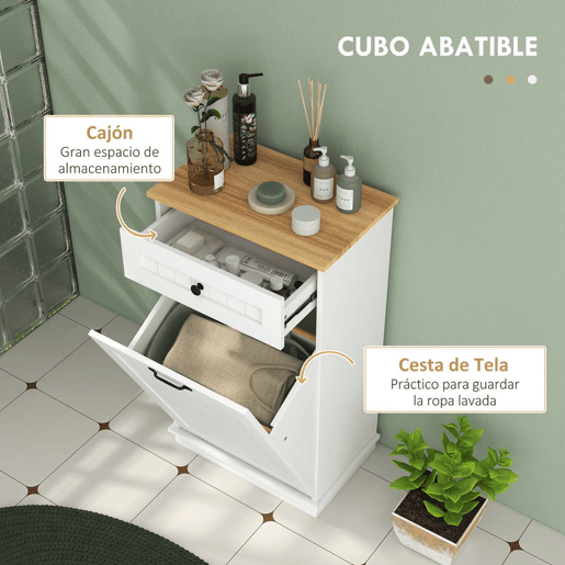 HOMCOM Móvel Auxiliar Casa de Banho Armário Casa de Banho com Gaveta Cesto para Roupa e Desenho Anti-Tombo Móvel Casa de Banho Moderno 52x33x90 cm Branco