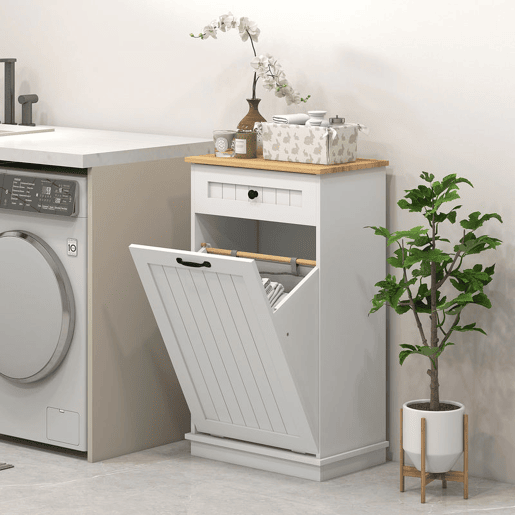 HOMCOM Móvel Auxiliar Casa de Banho Armário Casa de Banho com Gaveta Cesto para Roupa e Desenho Anti-Tombo Móvel Casa de Banho Moderno 52x33x90 cm Branco