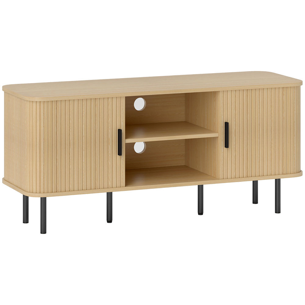 Homcom mueble de tv vintage mesa de tv de salón con 2 puertas correderas de tambor 2 estantes abiertos mueble para televisores de 55 pulgadas 120x40x55 cm roble