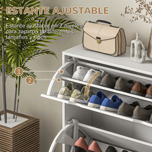 HOMCOM Sapateira Moderna Sapateira Entrada com 2 Gavetas Rebatíveis e Prateleias Ajustáveis para 16 Pares de Sapatos Sapateira Compacta para Corredor 81,5x25x83 cm Branco