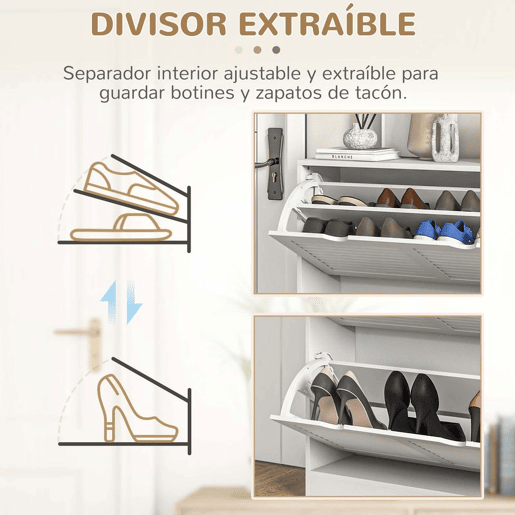 HOMCOM Sapateira Moderna Sapateira Entrada com 2 Gavetas Rebatíveis e Prateleias Ajustáveis para 16 Pares de Sapatos Sapateira Compacta para Corredor 81,5x25x83 cm Branco