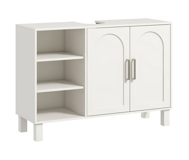 Homcom mueble bajo lavabo, mueble de baño con 2 puertas, 3 estantes abiertos, estantes ajustables para lavabos sin pedestal, 90x30x63 cm, blanco crema