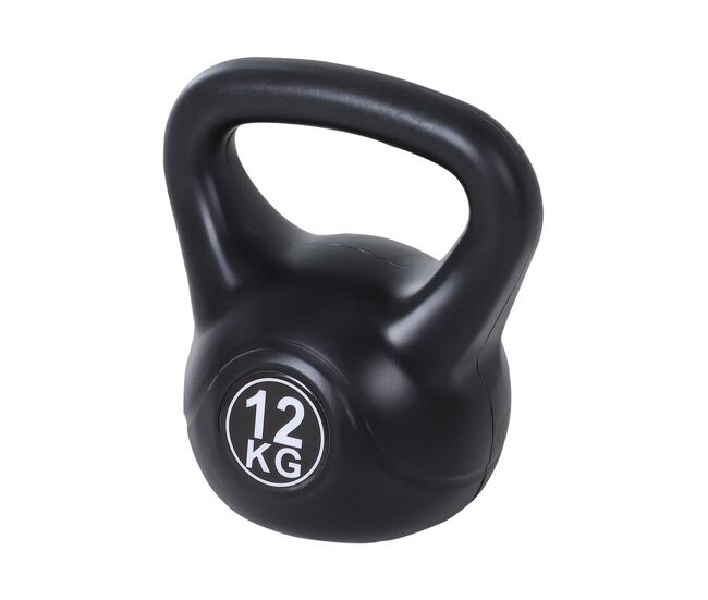 Homcom pesa rusa 12 kg, kettlebell revestimiento de plástico y relleno de arena, con mango ancho y base plana, para entrenamiento culturismo, en casa, gimnasio, negro