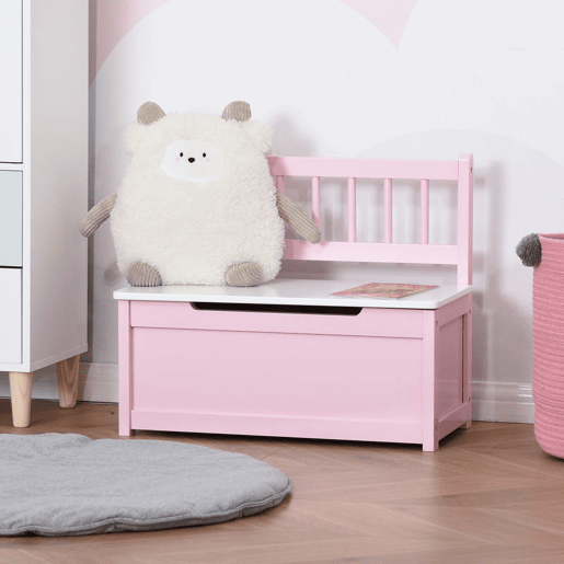HOMCOM Baú de Brinquedos Banco de Armazenamento Infantil de Madeira de Pinho com Tampa de Amortecimento e Encosto Alto para Crianças acima de 2 anos Sala de Jogos Habitação 60x30x50 cm Rosa