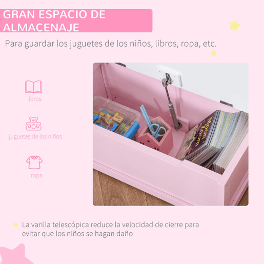 HOMCOM Baú de Brinquedos Banco de Armazenamento Infantil de Madeira de Pinho com Tampa de Amortecimento e Encosto Alto para Crianças acima de 2 anos Sala de Jogos Habitação 60x30x50 cm Rosa