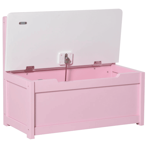 HOMCOM Baú de Brinquedos Banco de Armazenamento Infantil de Madeira de Pinho com Tampa de Amortecimento e Encosto Alto para Crianças acima de 2 anos Sala de Jogos Habitação 60x30x50 cm Rosa
