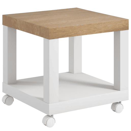 HOMCOM Mesa Auxiliar com Rodas Mesa Auxiliar com Prateleira Aberta para Sofá Dormitório 40x40x40 cm Branco e Madeira