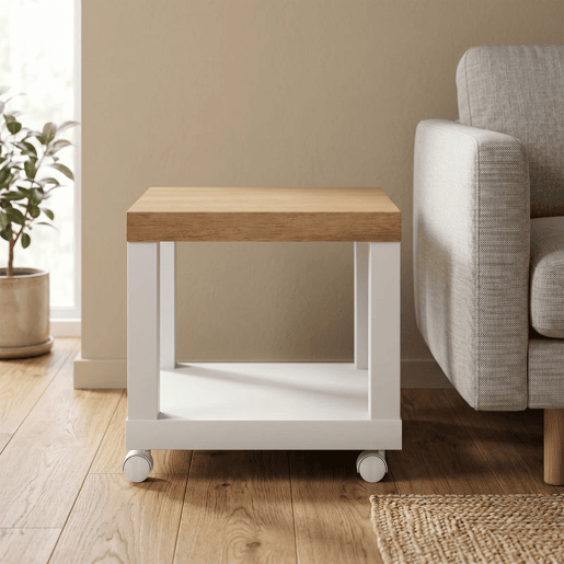 HOMCOM Mesa Auxiliar com Rodas Mesa Auxiliar com Prateleira Aberta para Sofá Dormitório 40x40x40 cm Branco e Madeira
