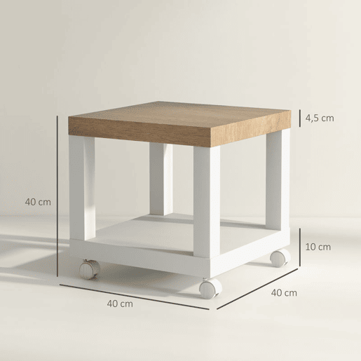 HOMCOM Mesa Auxiliar com Rodas Mesa Auxiliar com Prateleira Aberta para Sofá Dormitório 40x40x40 cm Branco e Madeira