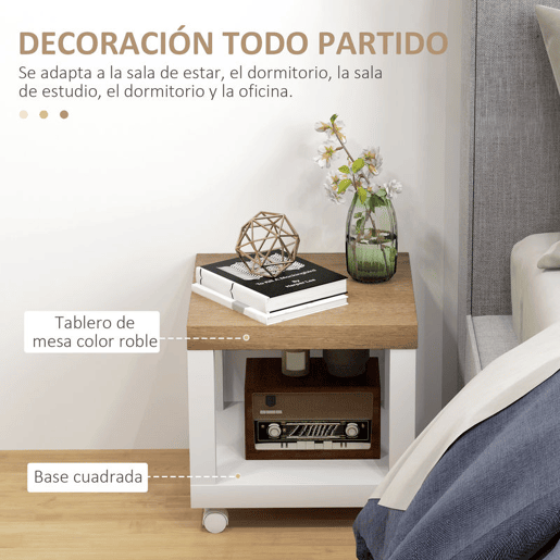 HOMCOM Mesa Auxiliar com Rodas Mesa Auxiliar com Prateleira Aberta para Sofá Dormitório 40x40x40 cm Branco e Madeira