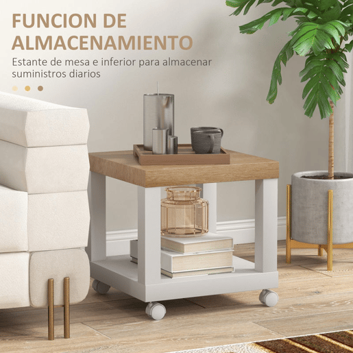 HOMCOM Mesa Auxiliar com Rodas Mesa Auxiliar com Prateleira Aberta para Sofá Dormitório 40x40x40 cm Branco e Madeira
